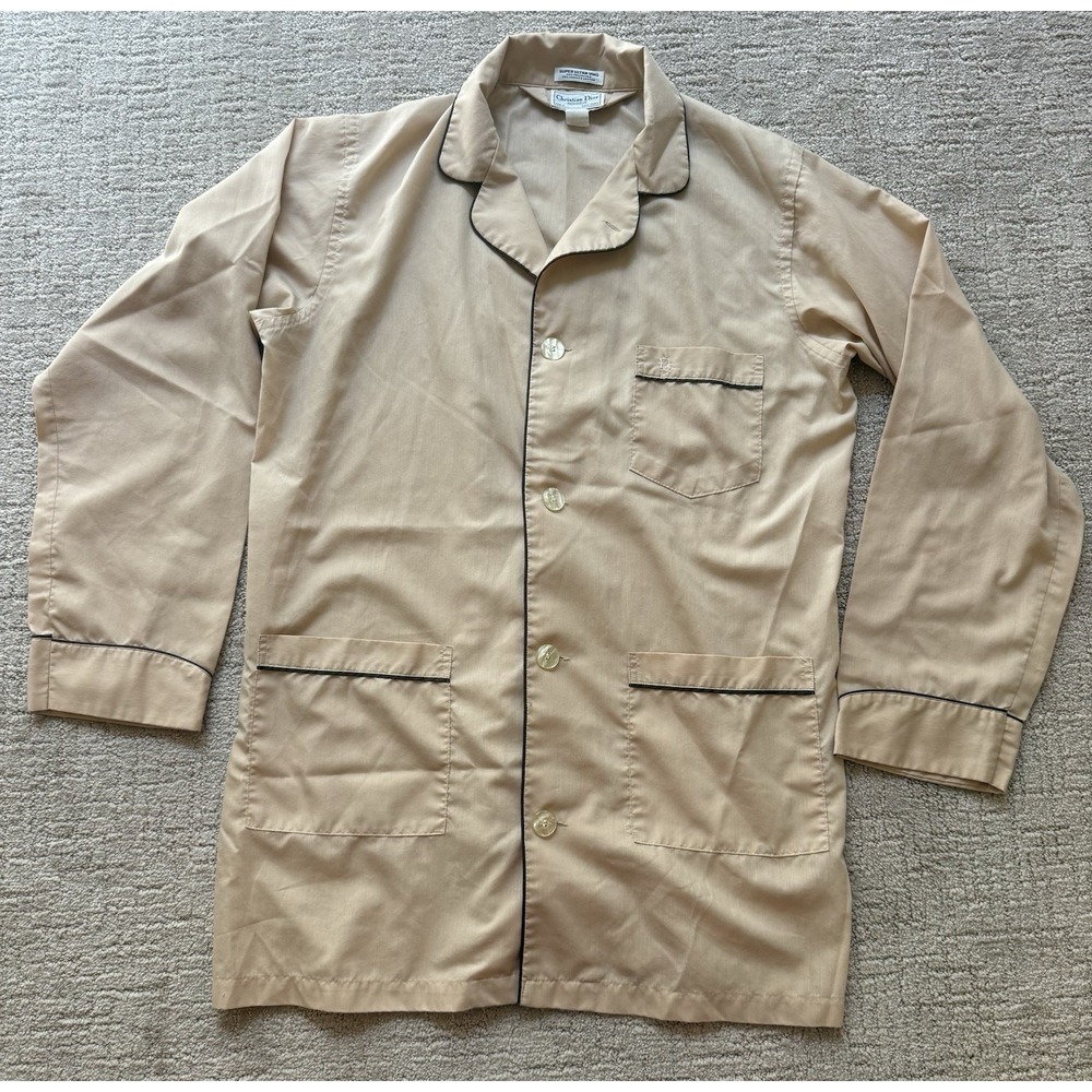 Vintage Christian Dior Monsieur Pajama Top Men's L Long Beige Button Up Dapper
